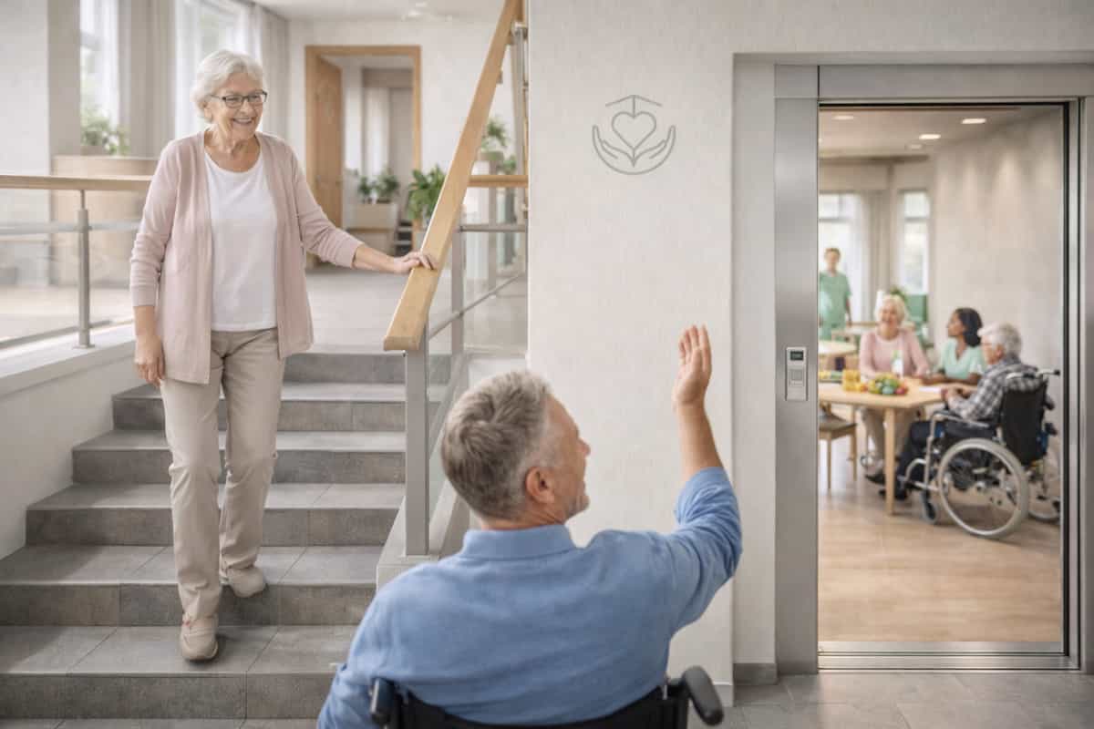 Bewohnerin im Obergeschoss und Tagespflege im Erdgeschoss mit Aufzug