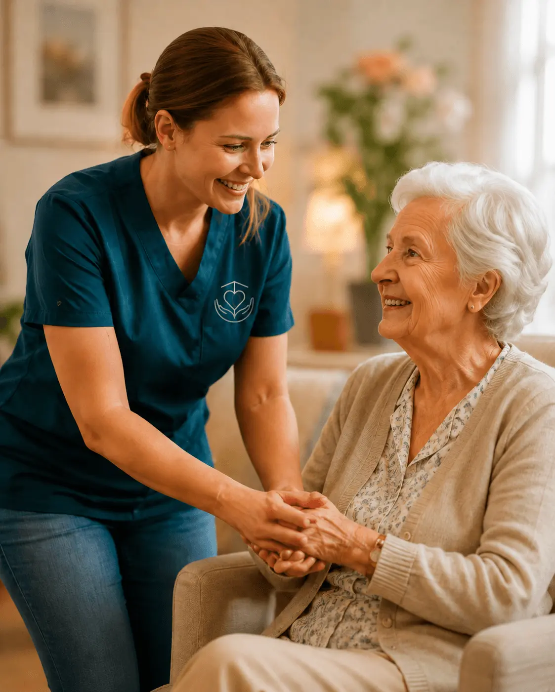 Pflegekraft von Lebensanker im Gespräch mit einer Seniorin